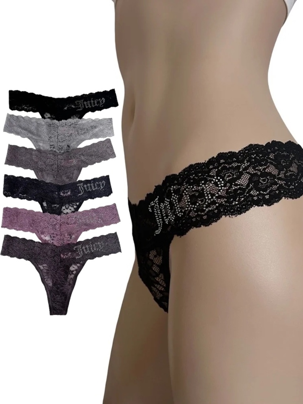 Juicy Couture Lace Rhinestone Monogrammed Thong Panty Panties 6 PAIR NWOT